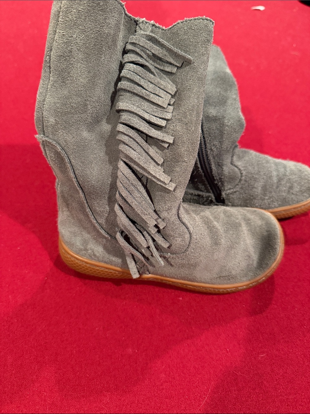 Livie & Luca Gray Suede Fringe Mid-Calf Boots